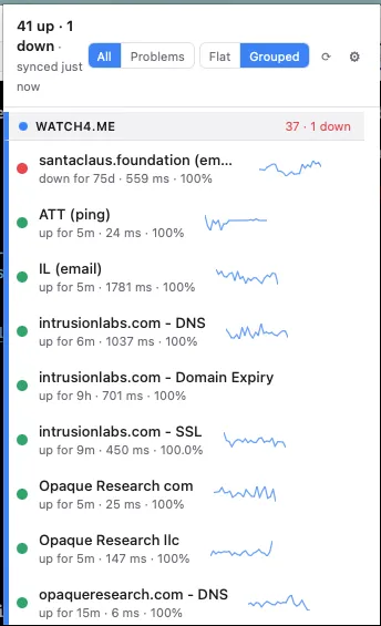 UptimeBar popover: live monitor list with latency sparklines, uptime %, and up/down duration, grouped by provider.